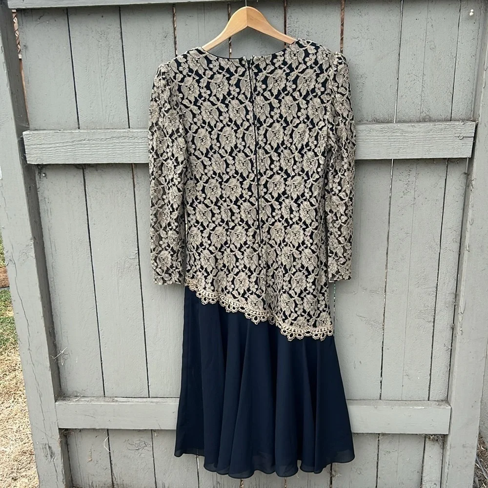 Vintage ANNA 1980's Formal Cocktail Dress Mobwife Metallic Lace Overlay 80's L - Picture 6 of 8
